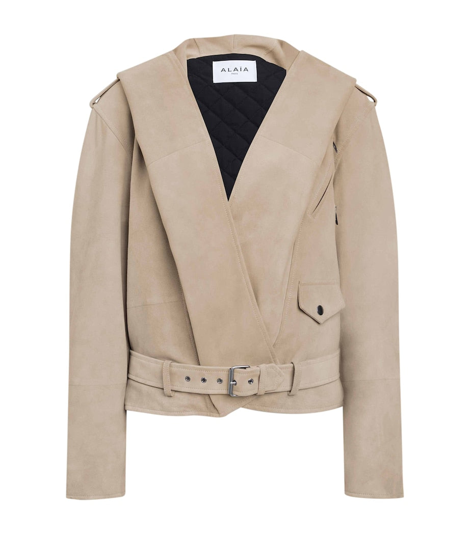 Alaïa Beige Suede Hooded Biker Jacket