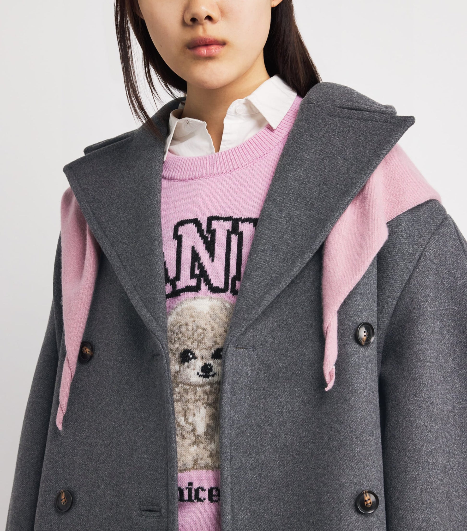 GANNI Grey Recycled Wool-Blend Longline Pea Coat