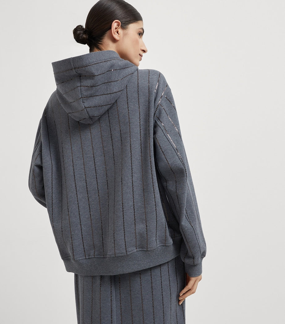 Grey Cotton Sequin-Stripe Hoodie