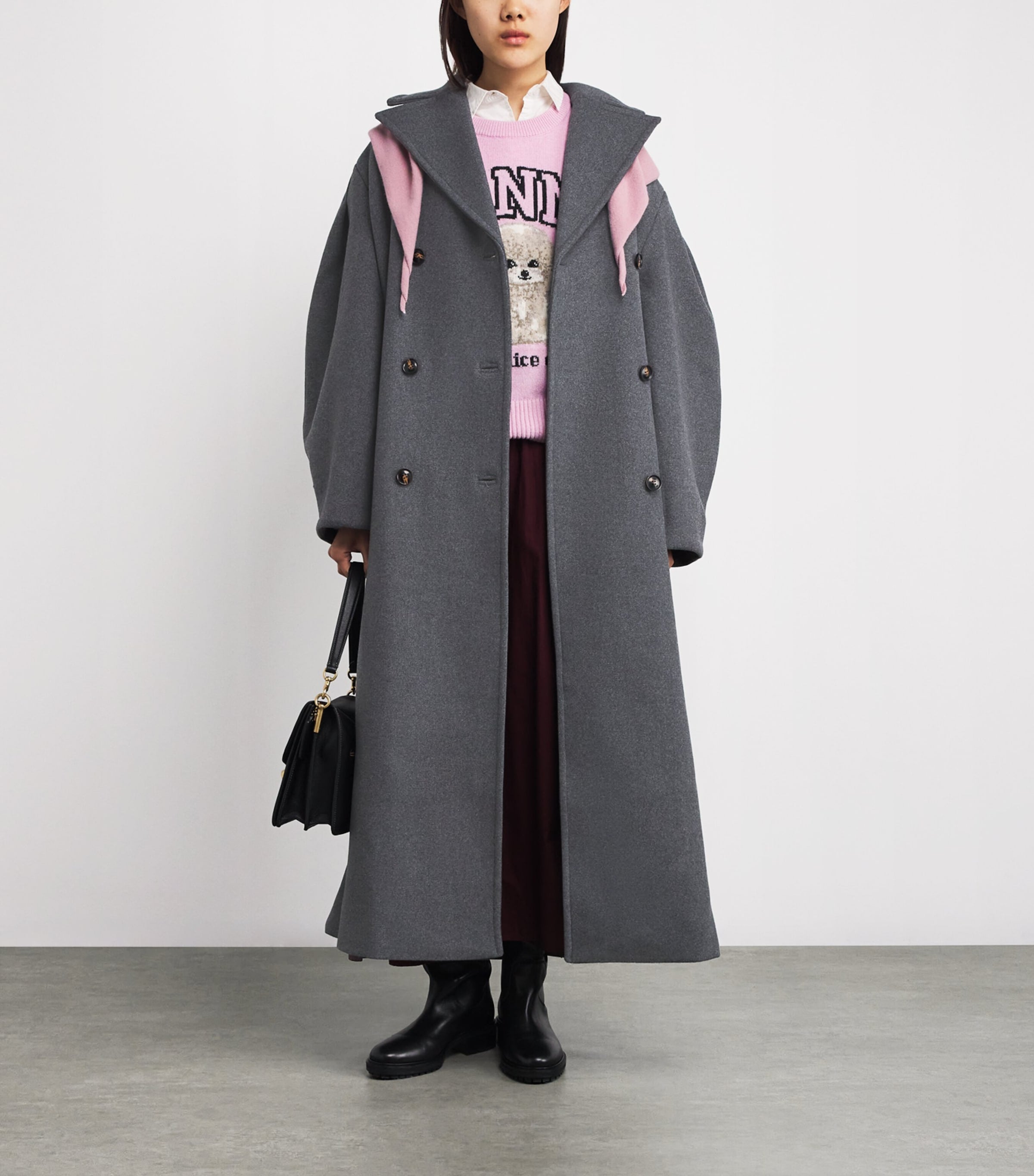 GANNI Grey Recycled Wool-Blend Longline Pea Coat