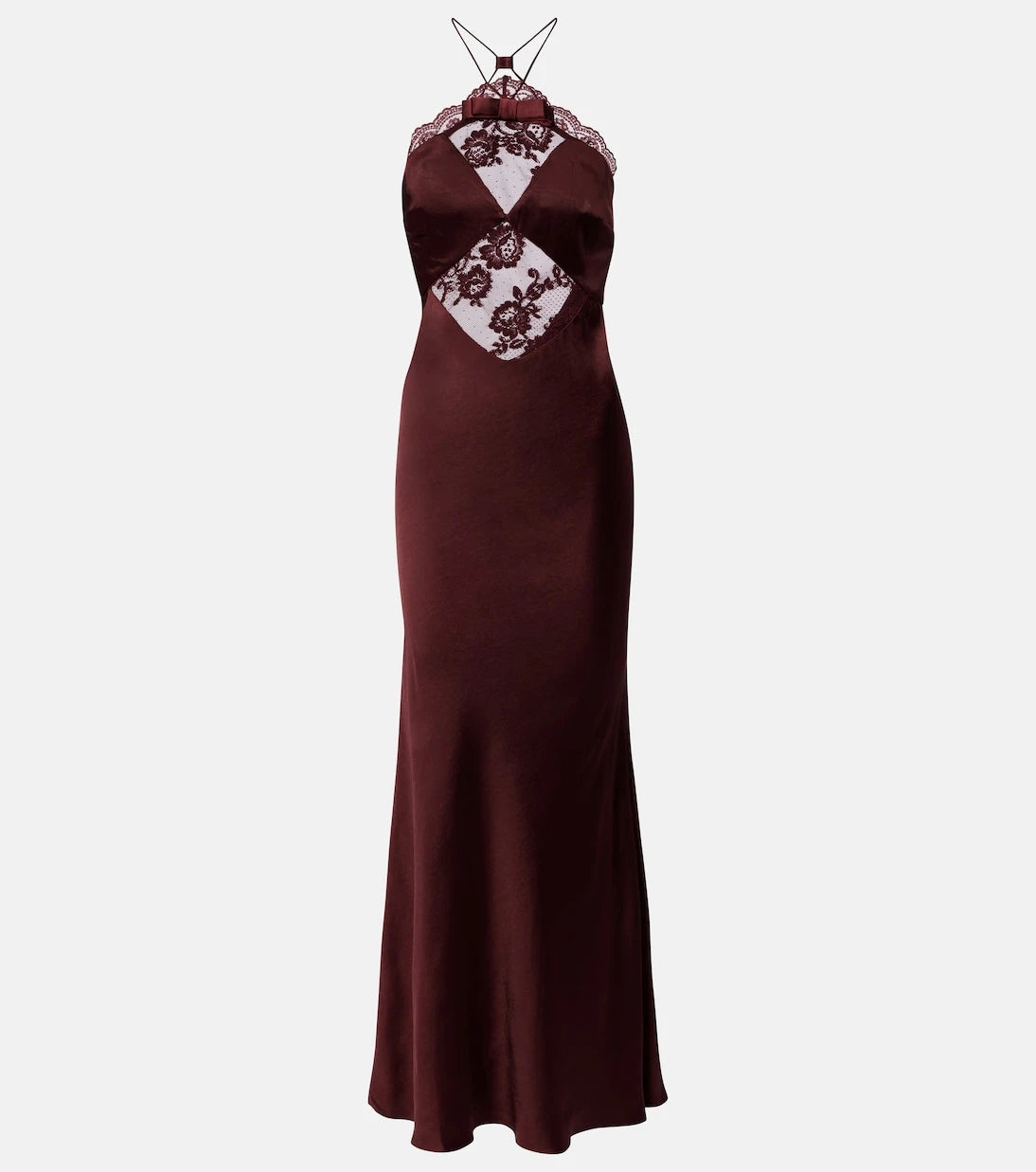 Self-Portrait - Lace-trimmed halterneck satin gown