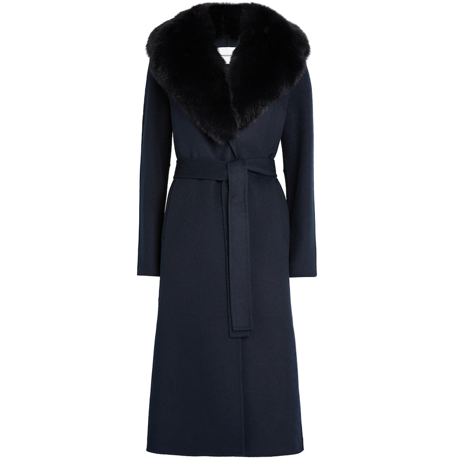 Yves Salomon Blue Cashmere-Wool Fox Fur-Trim Coat