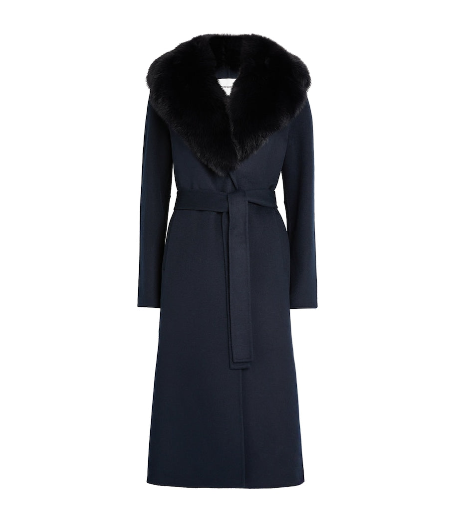 Yves Salomon Blue Cashmere-Wool Fox Fur-Trim Coat