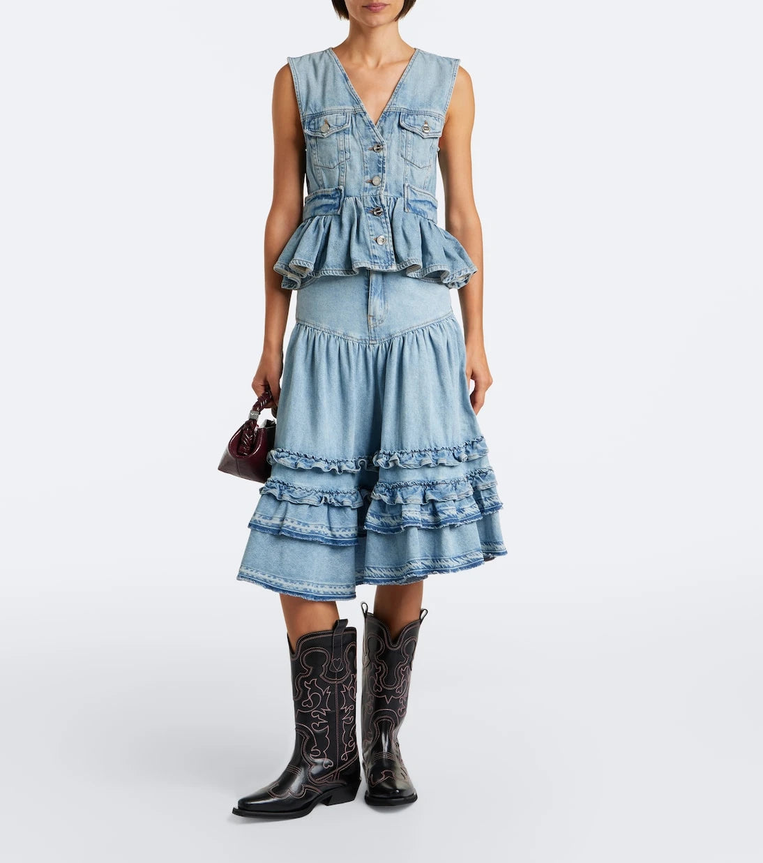 Ganni - Ruffled denim midi skirt