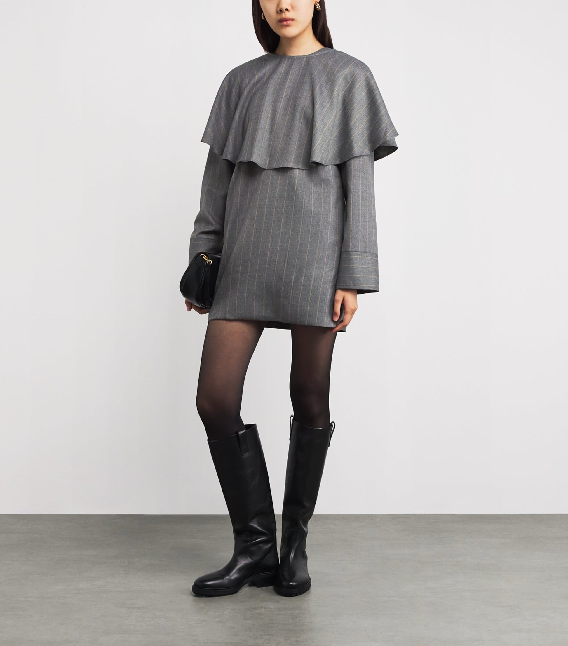 GANNI Grey Detachable-Collar Stripe Mini Dress