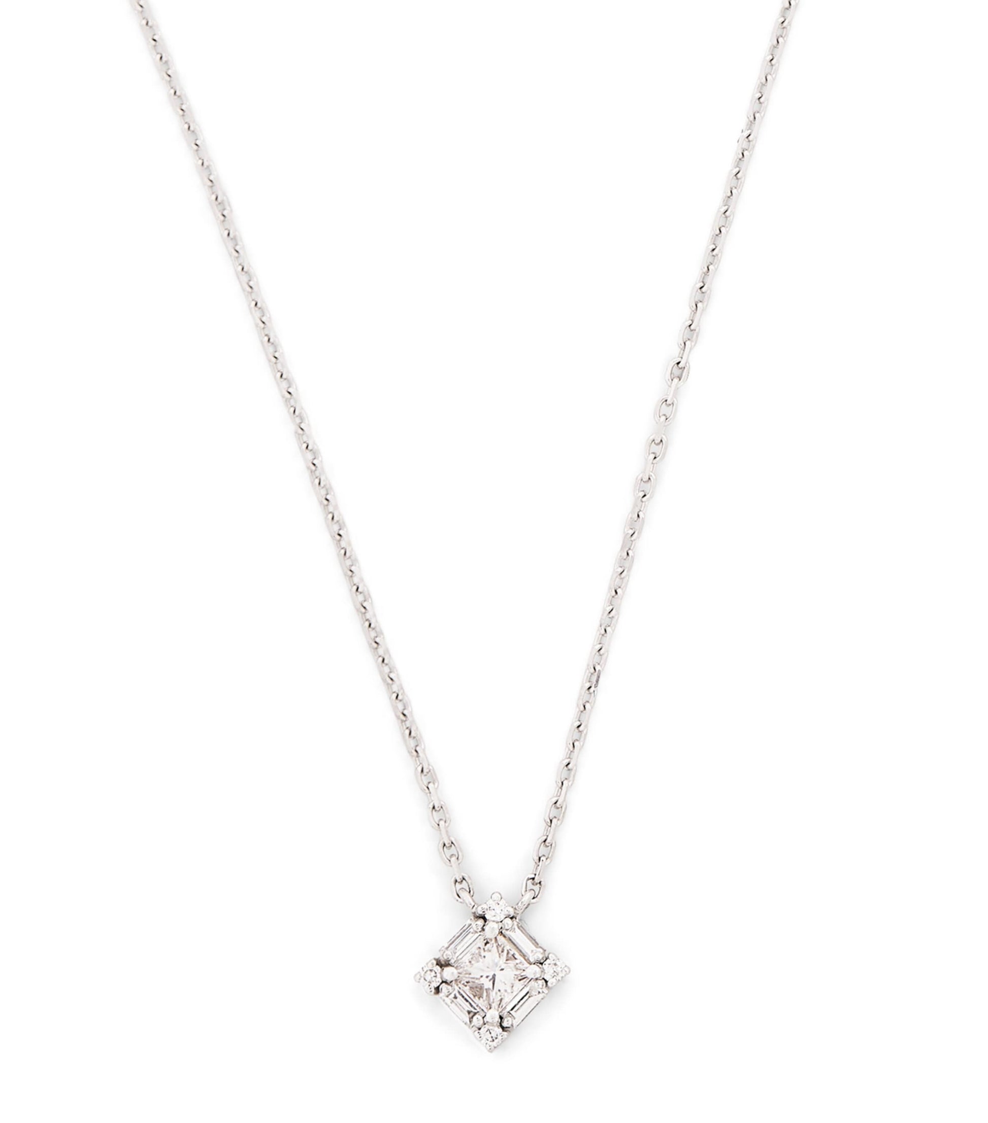 Mini White Gold and Diamond Princess Square Necklace
