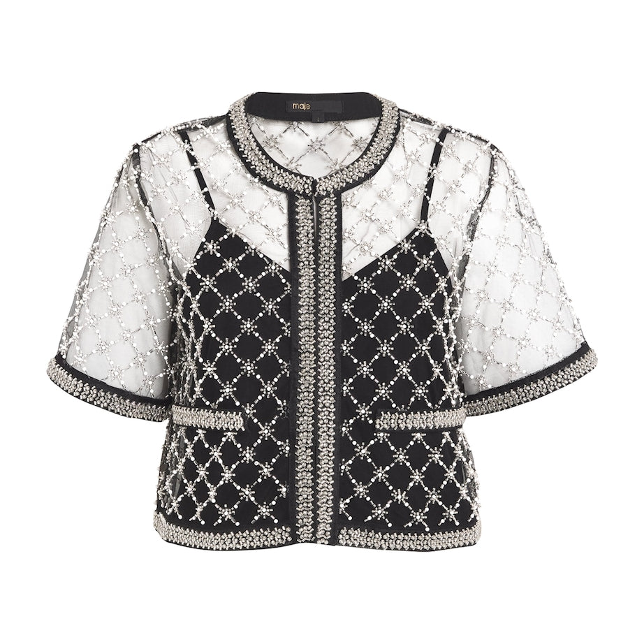 Black Mesh Beaded Top