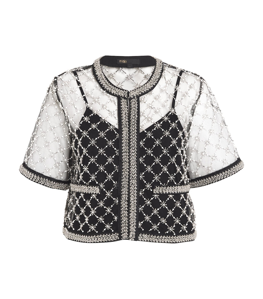 Black Mesh Beaded Top