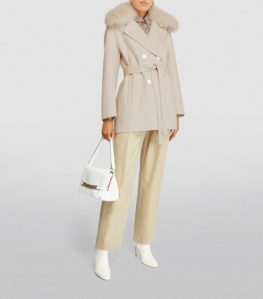 Yves Salomon Beige Wool-Cashmere Fur-Trim Pea Coat