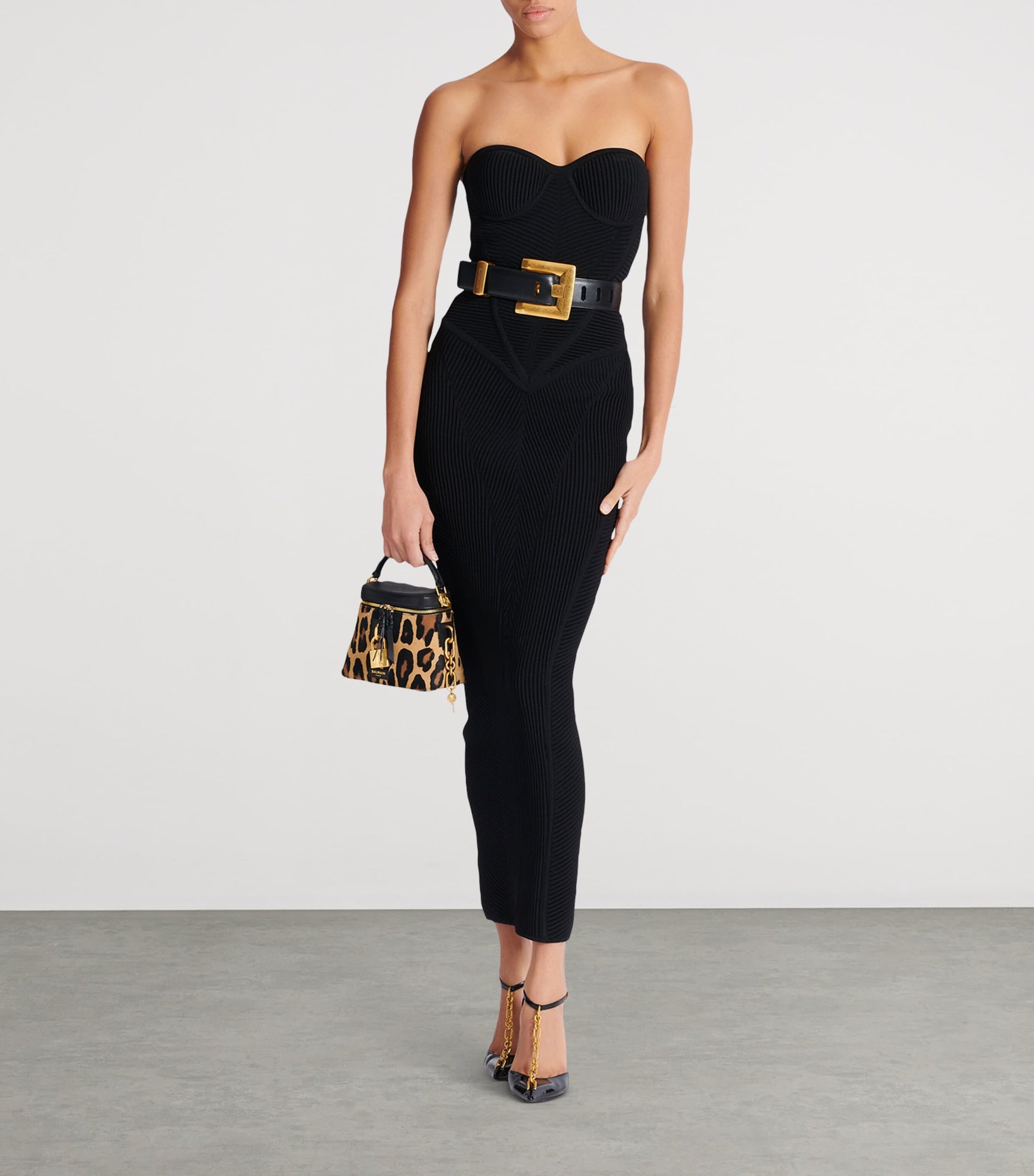 Balmain Black Knitted Strapless Maxi Dress