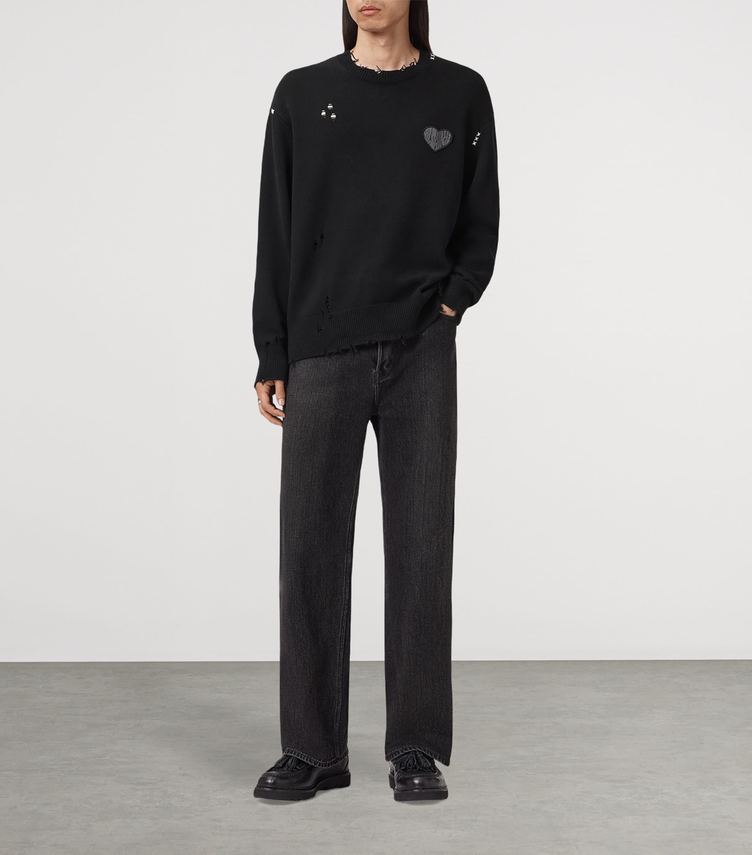 Black Cotton Distressed Theo Sweater