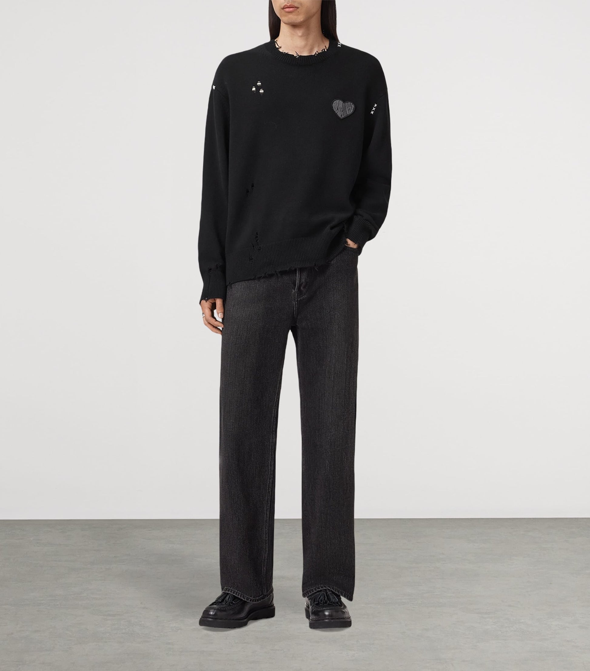 Black Cotton Distressed Theo Sweater