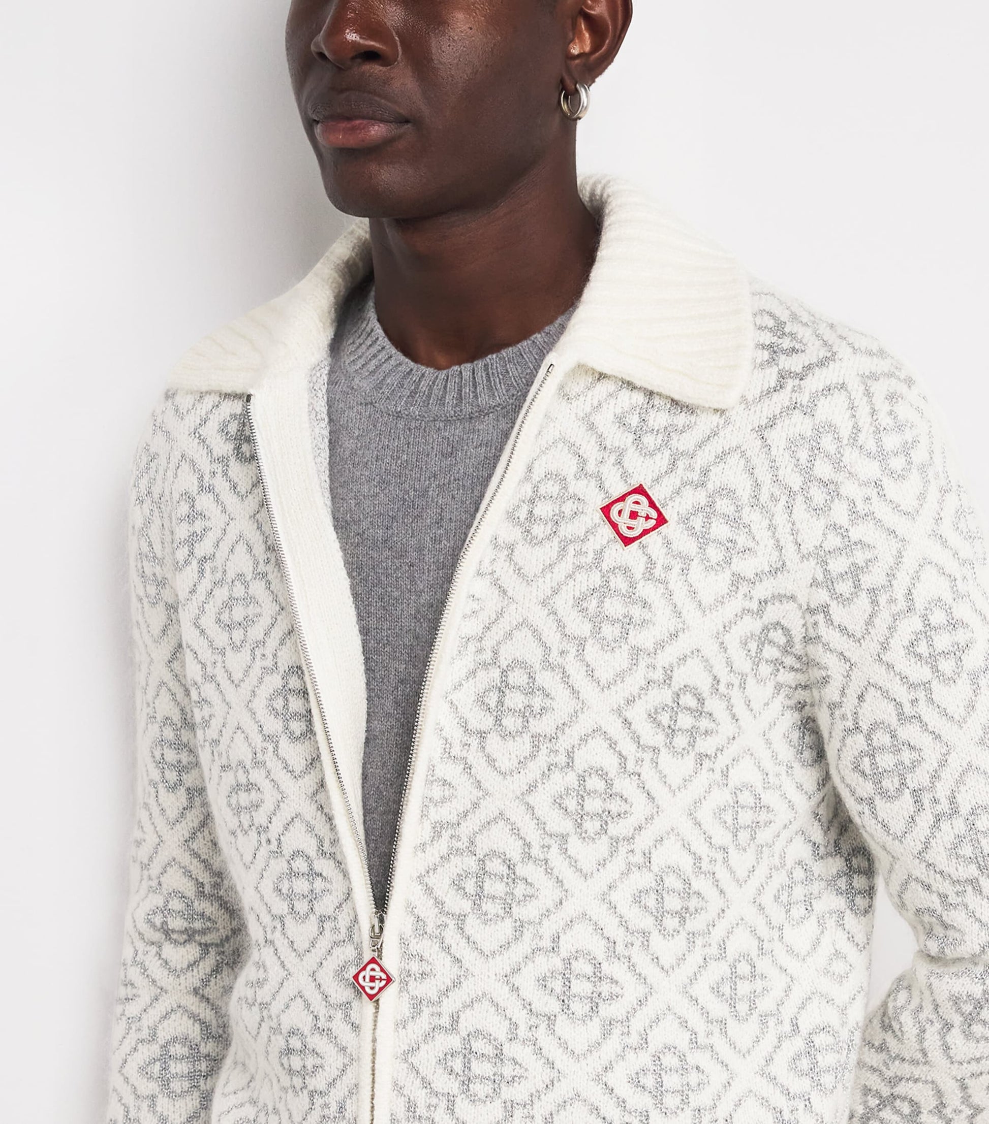 White Monogram Zip-Up Cardigan