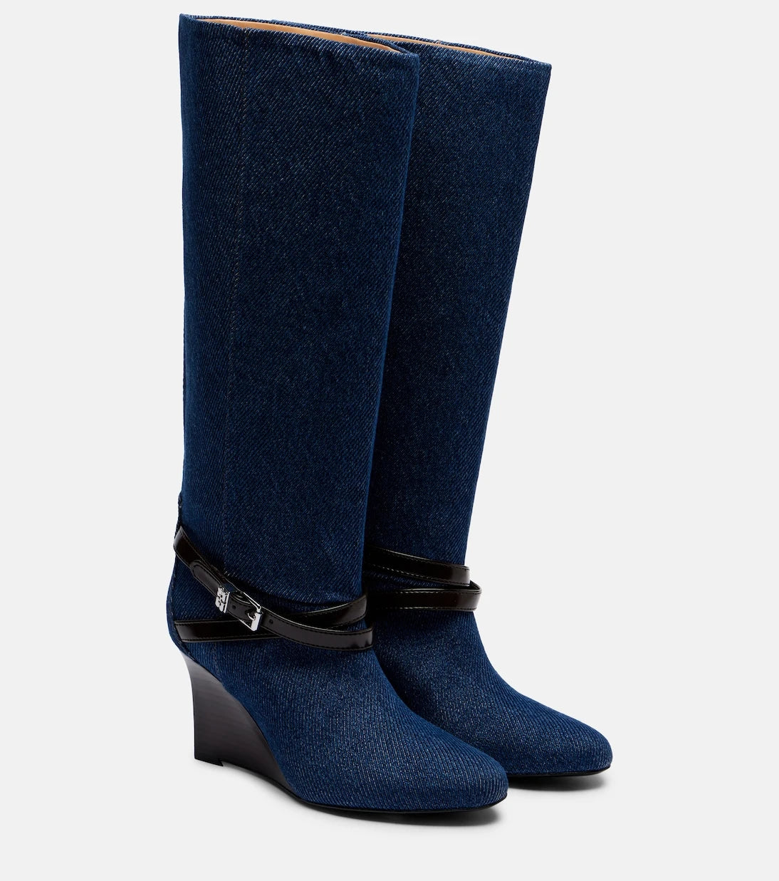 Ganni - Kat denim knee-high wedge boots
