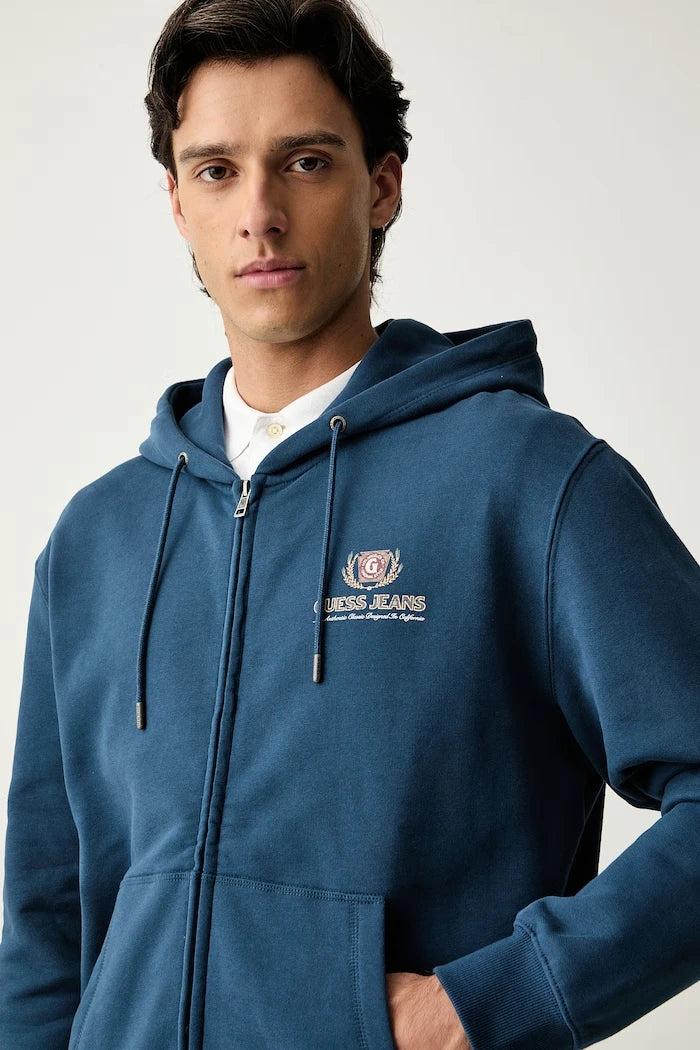 Guess Jeans pamuklu fermuarlı kapüşonlu erkek sweatshirt