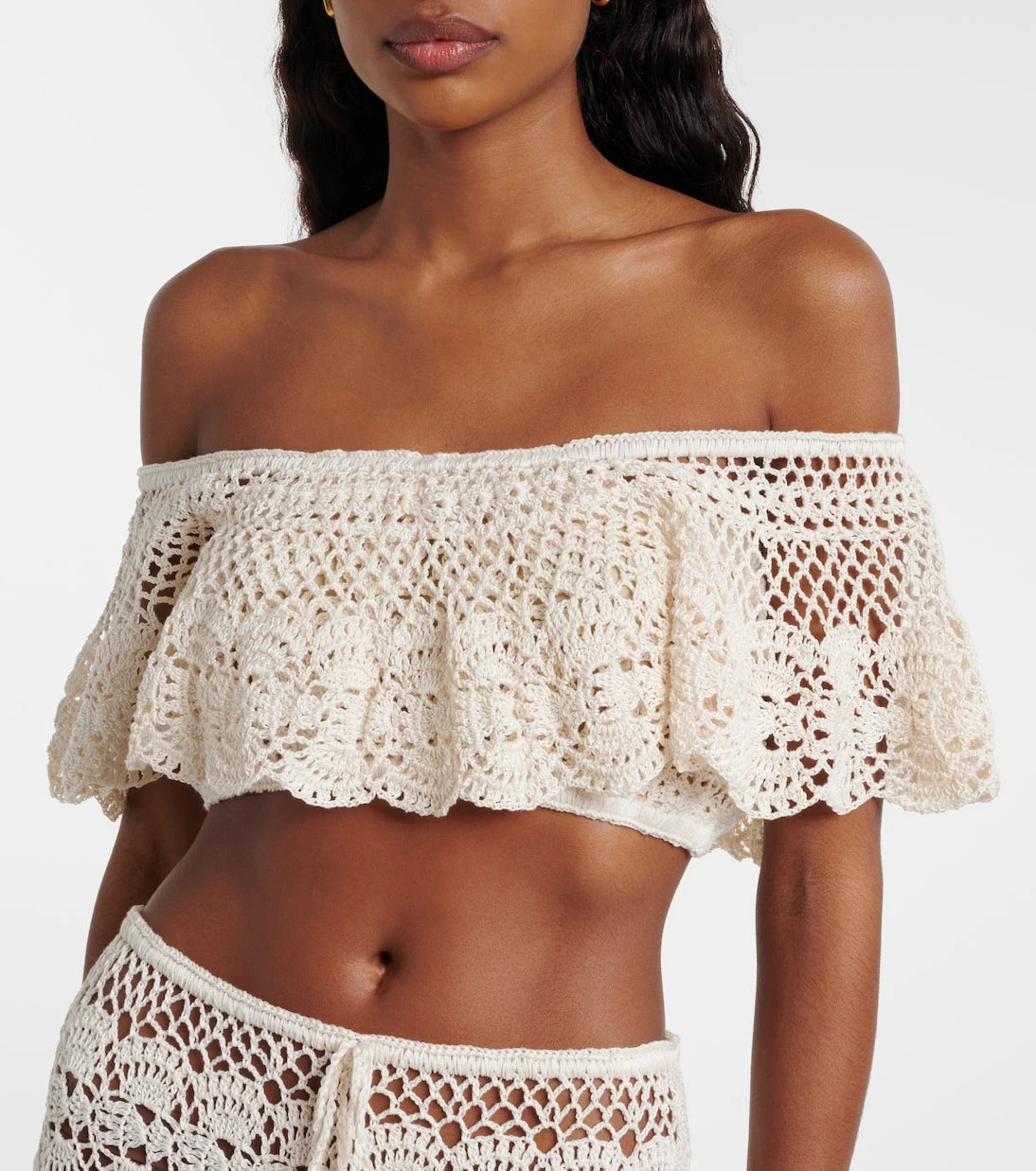 Anna Kosturova - Filigree crochet off-shoulder cotton crop top