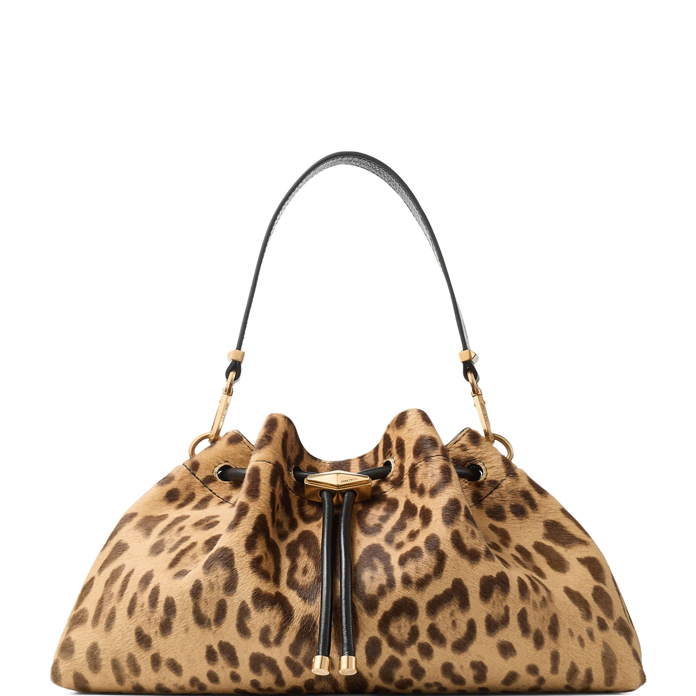Gold Medium Cinch Leopard Print Bucket Bag