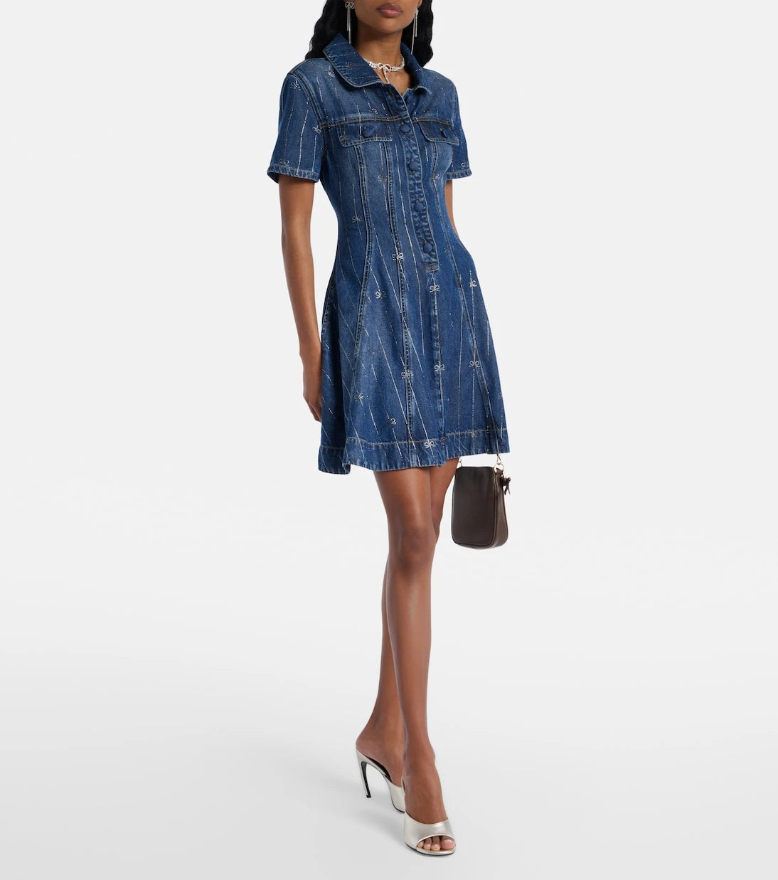 Self-Portrait - Embellished pleated denim minidress