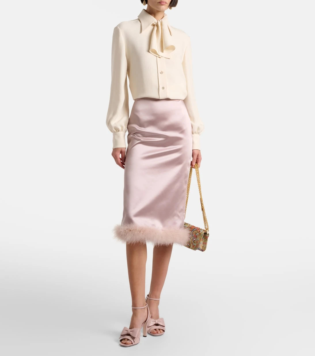 Valentino - Feather-trimmed high-rise midi skirt