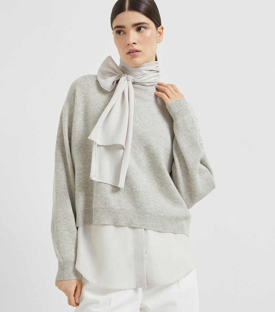 Grey Cashmere Sweater and Pussybow Blouse