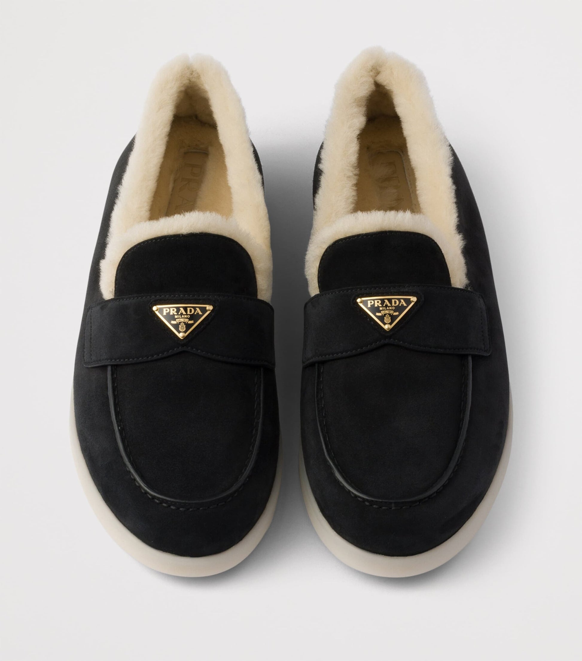 Prada Shearling-Suede Logo Loafers