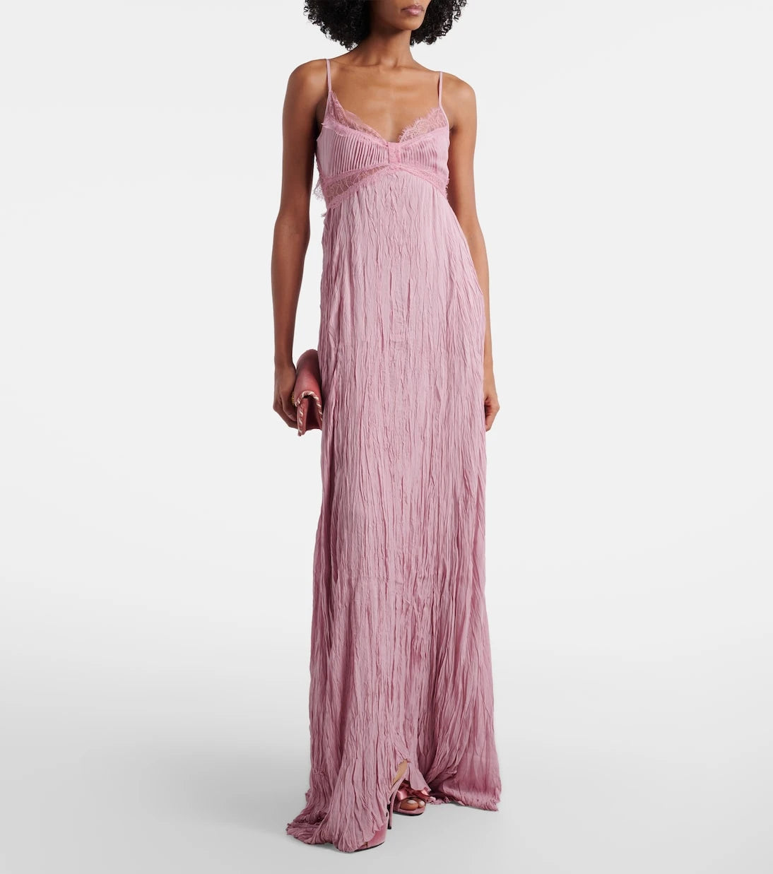 Blumarine - فستان شيفون بليسيه مزين بالدانتيل