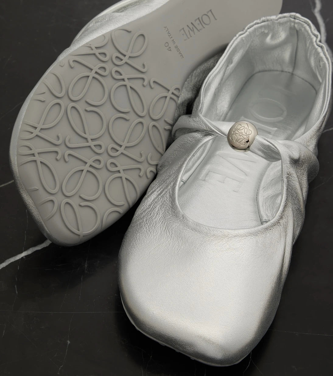 Loewe - Pebble Soft metallic leather Mary Jane flats