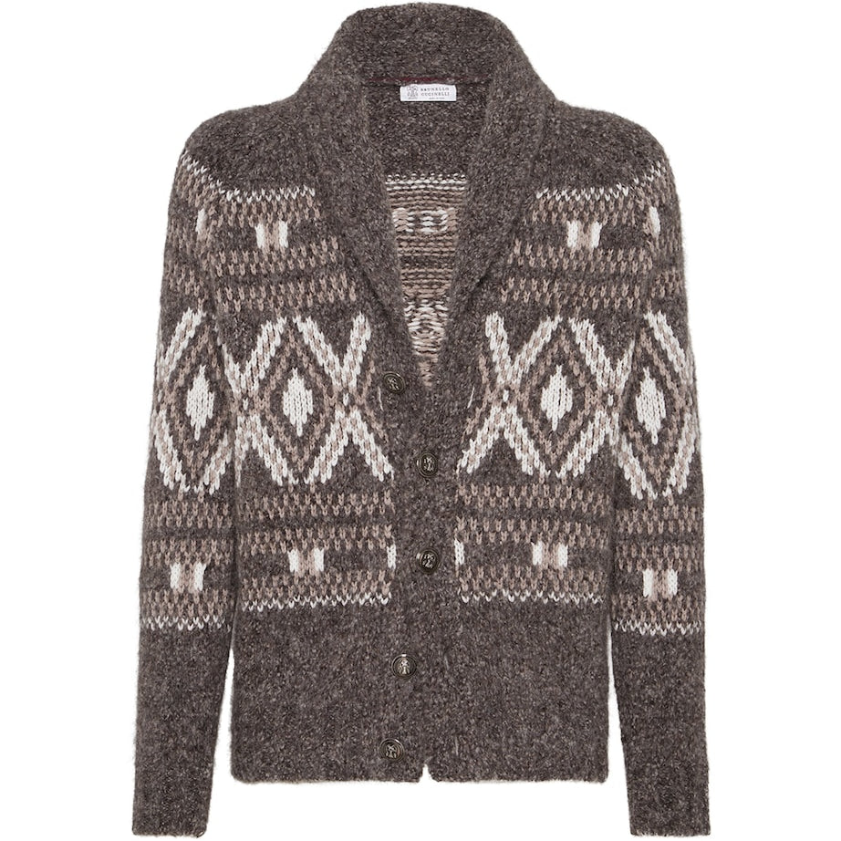 Brown Alpaca-Virgin Wool-Cashmere Jacquard Cardigan