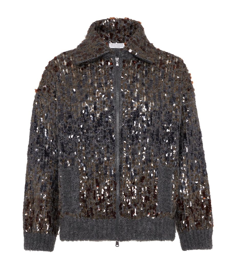 Brunello Cucinelli Grey Mohair-Blend Sequin-Embellished Cardigan