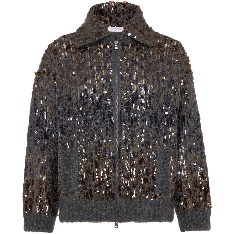 Brunello Cucinelli Grey Mohair-Blend Sequin-Embellished Cardigan