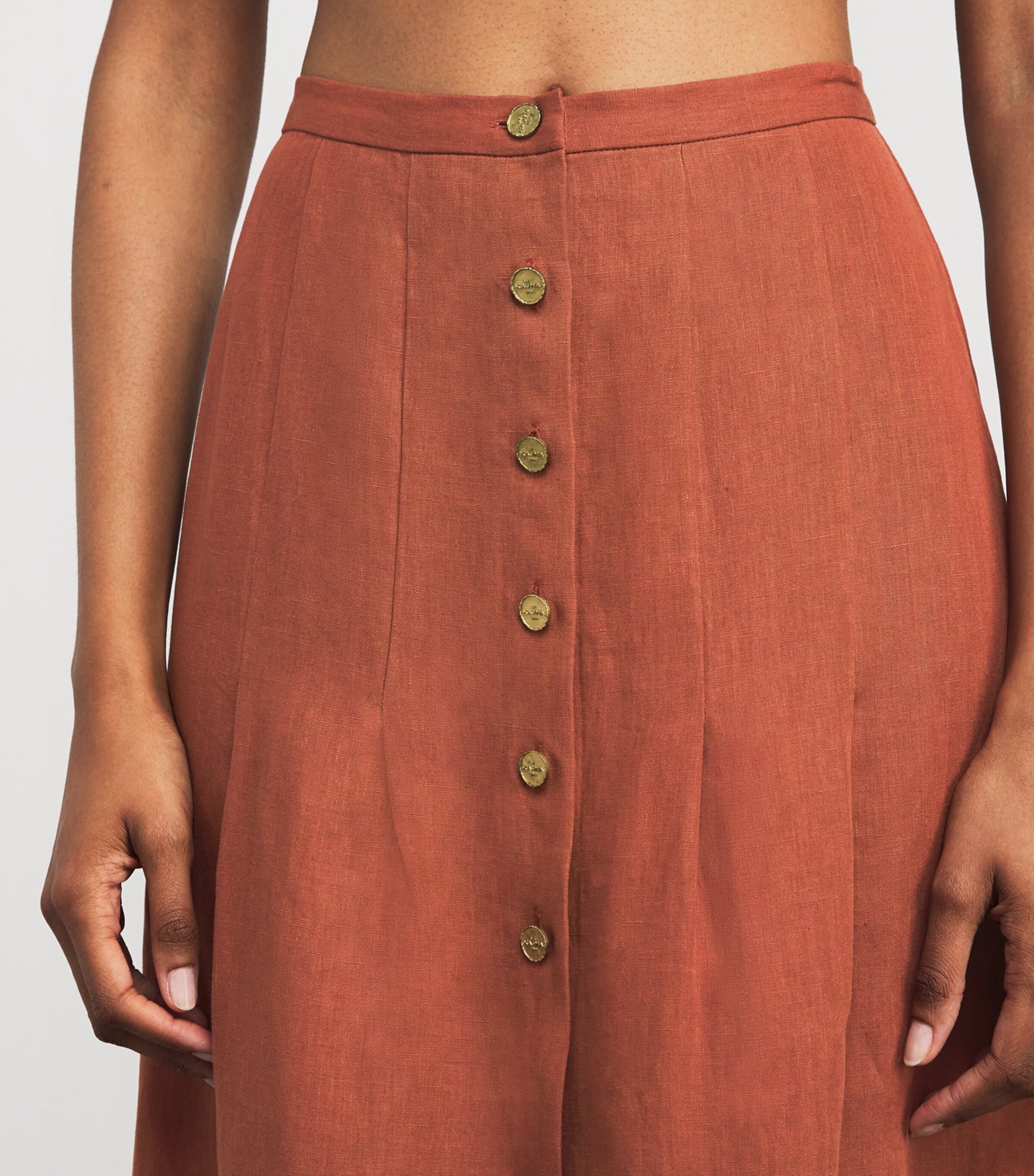 Le Kasha Red Linen Coin-Detail Maxi Skirt