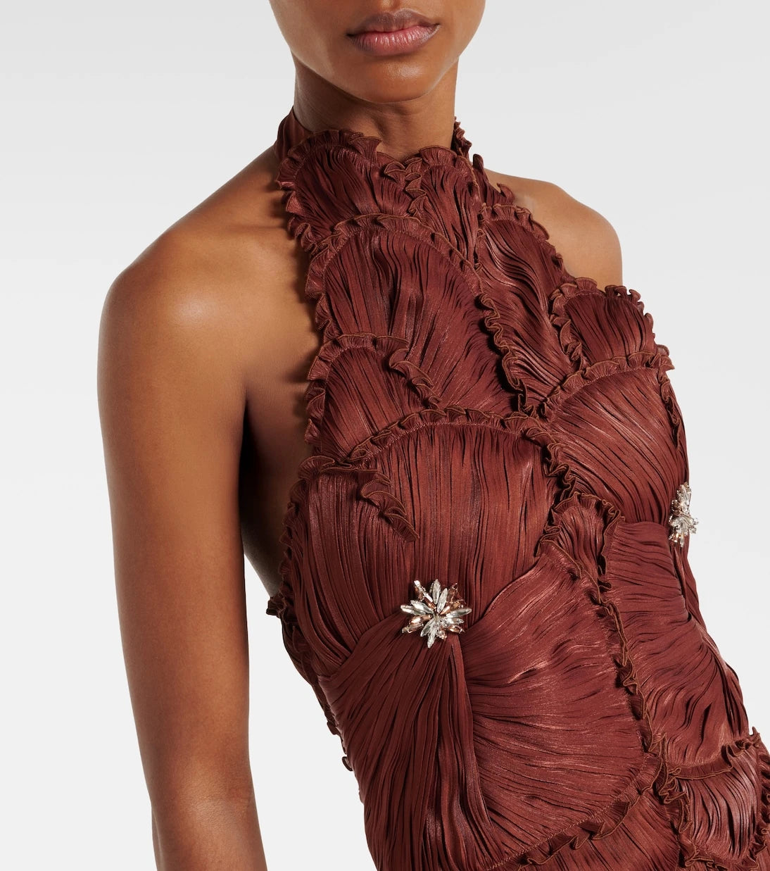 Costarellos - Embellished ruched georgette gown