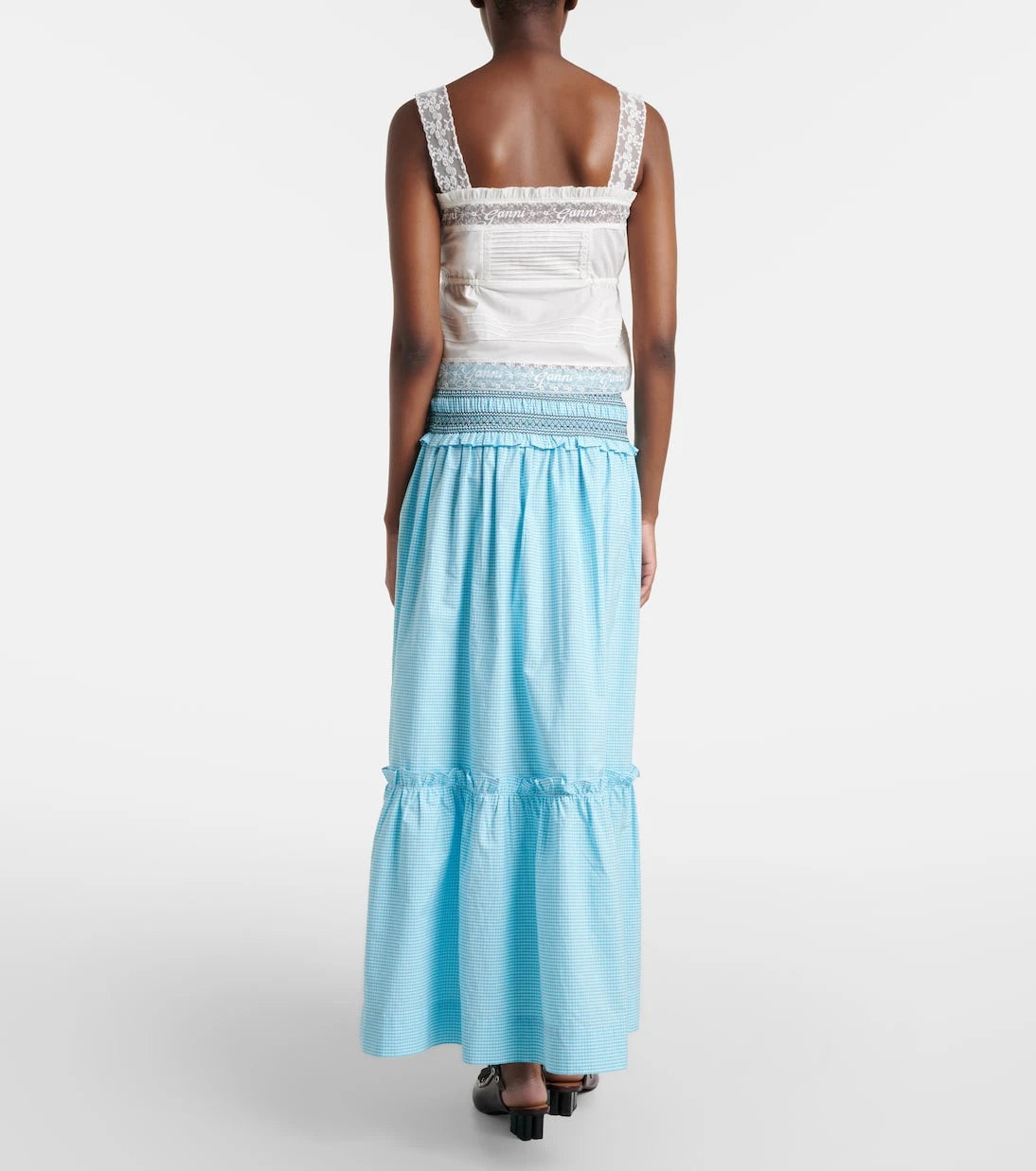 Ganni - Embroidered gingham cotton poplin maxi skirt