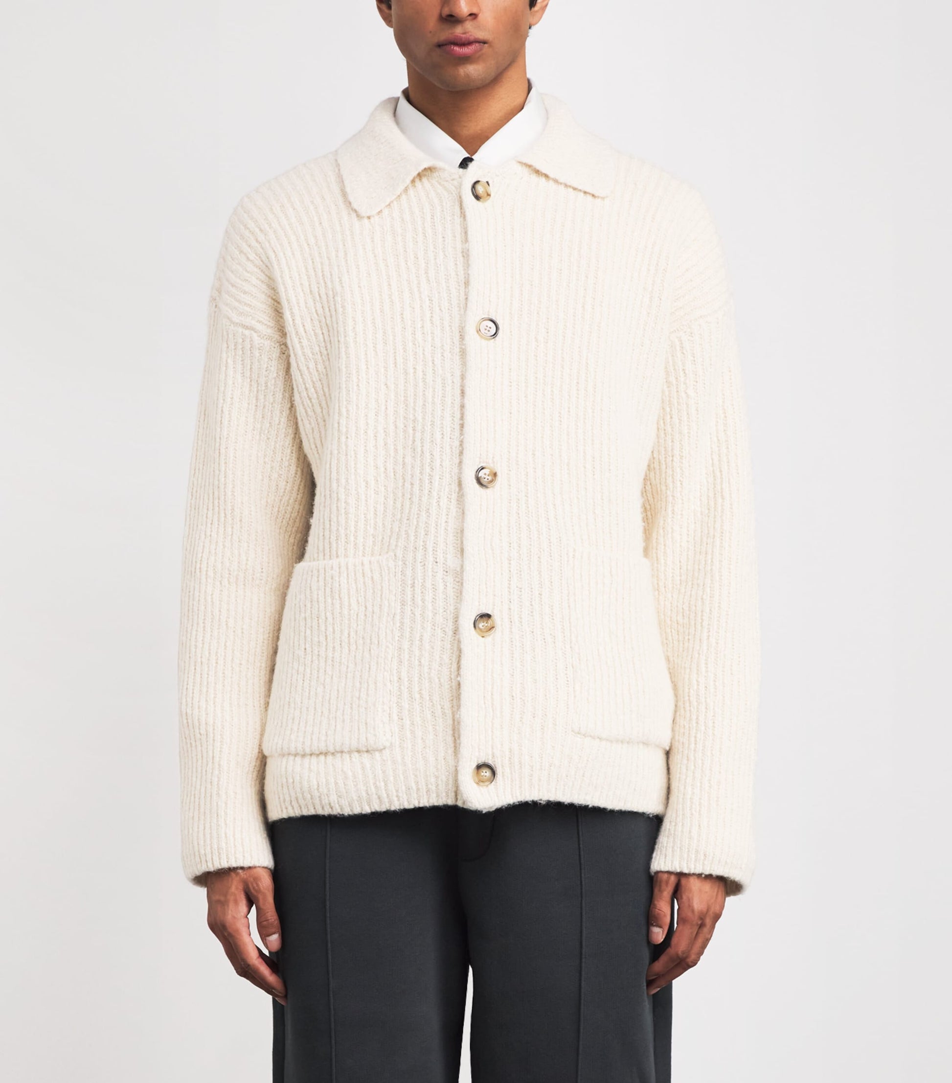 Beige Wool-Blend Rib-Knit Cardigan