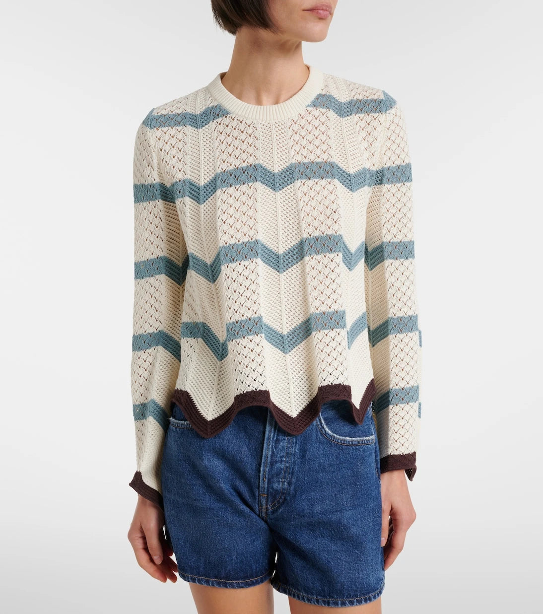 La DoubleJ - Chevron crochet cropped cotton sweater