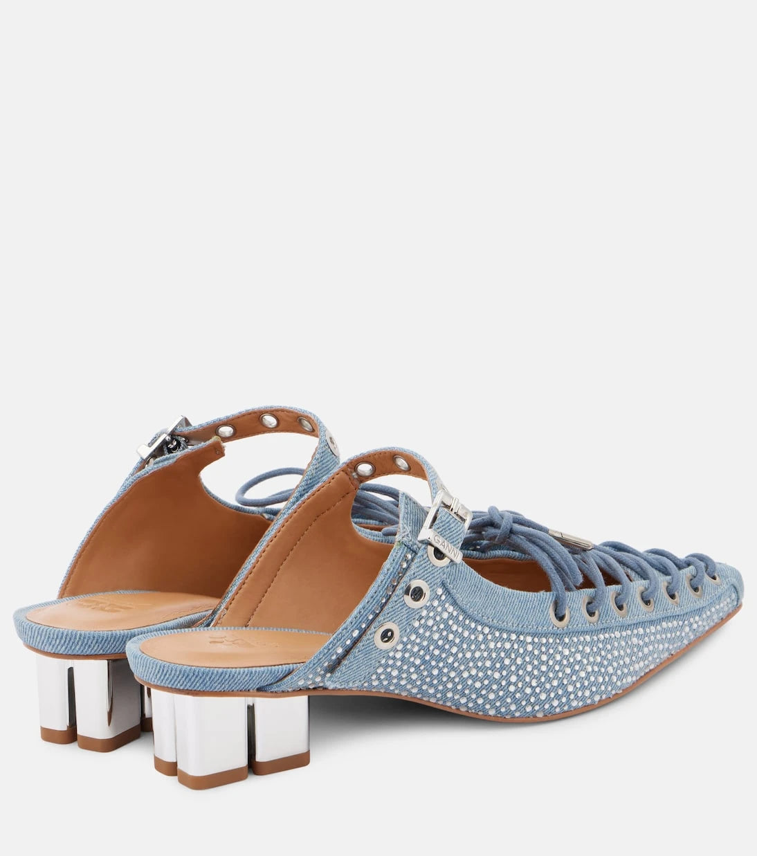 Ganni - Embellished lace-up denim mules