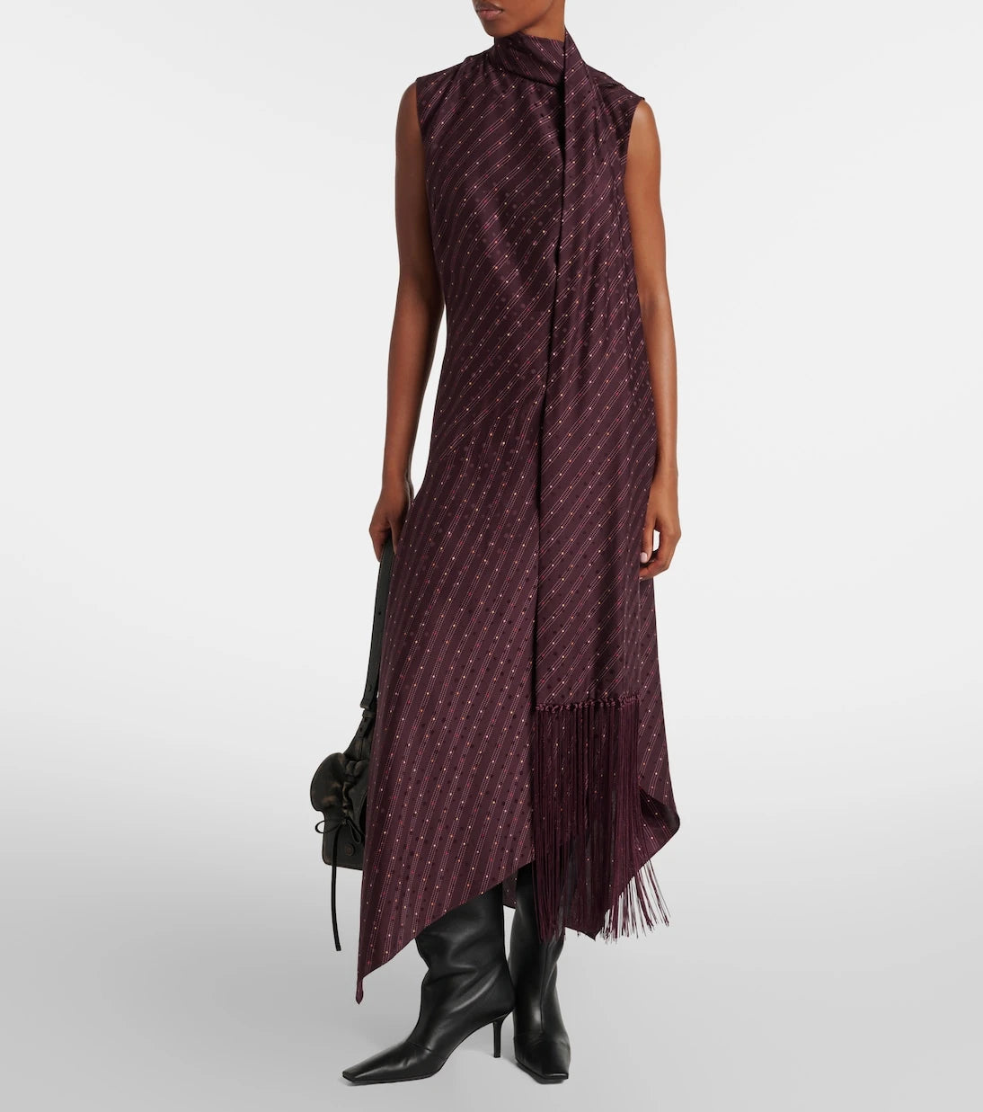 Acne Studios - فستان ميدي حريري غير متماثل مع شراشيب