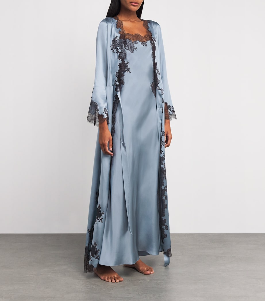 Silk Lace-Detail Long Robe BLEU GIVRE/EBEN