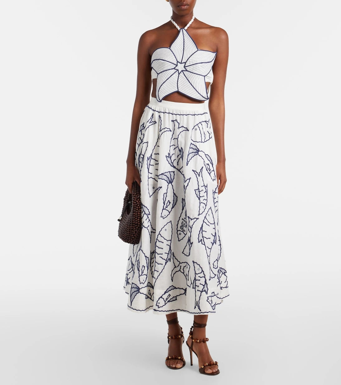 Farm Rio - Embroidered linen-blend midi skirt