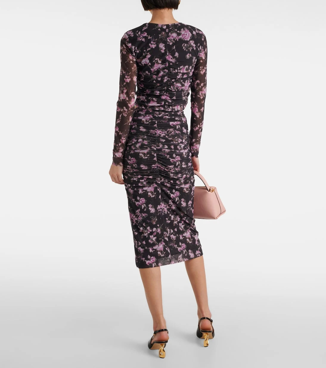 Ganni - Floral ruched mesh midi skirt