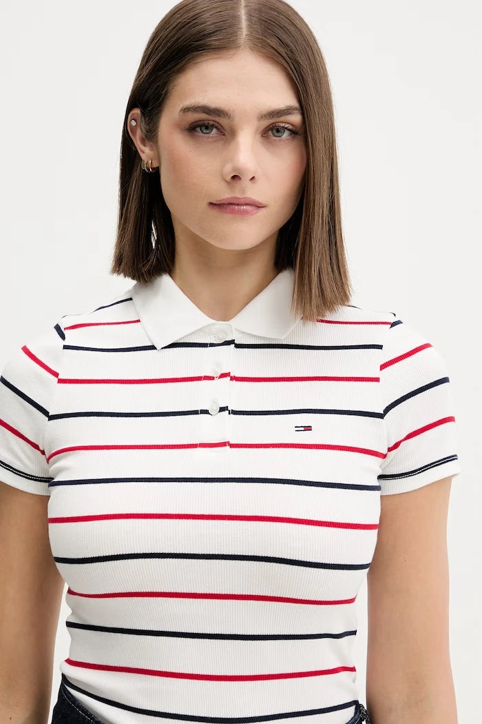 Tommy Jeans yakalı kadın pamuklu elastan tişört