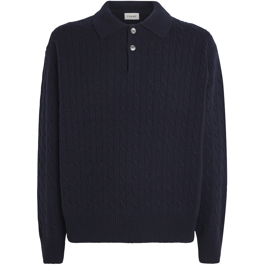 FRAME Navy Wool-Cashmere Polo Sweater
