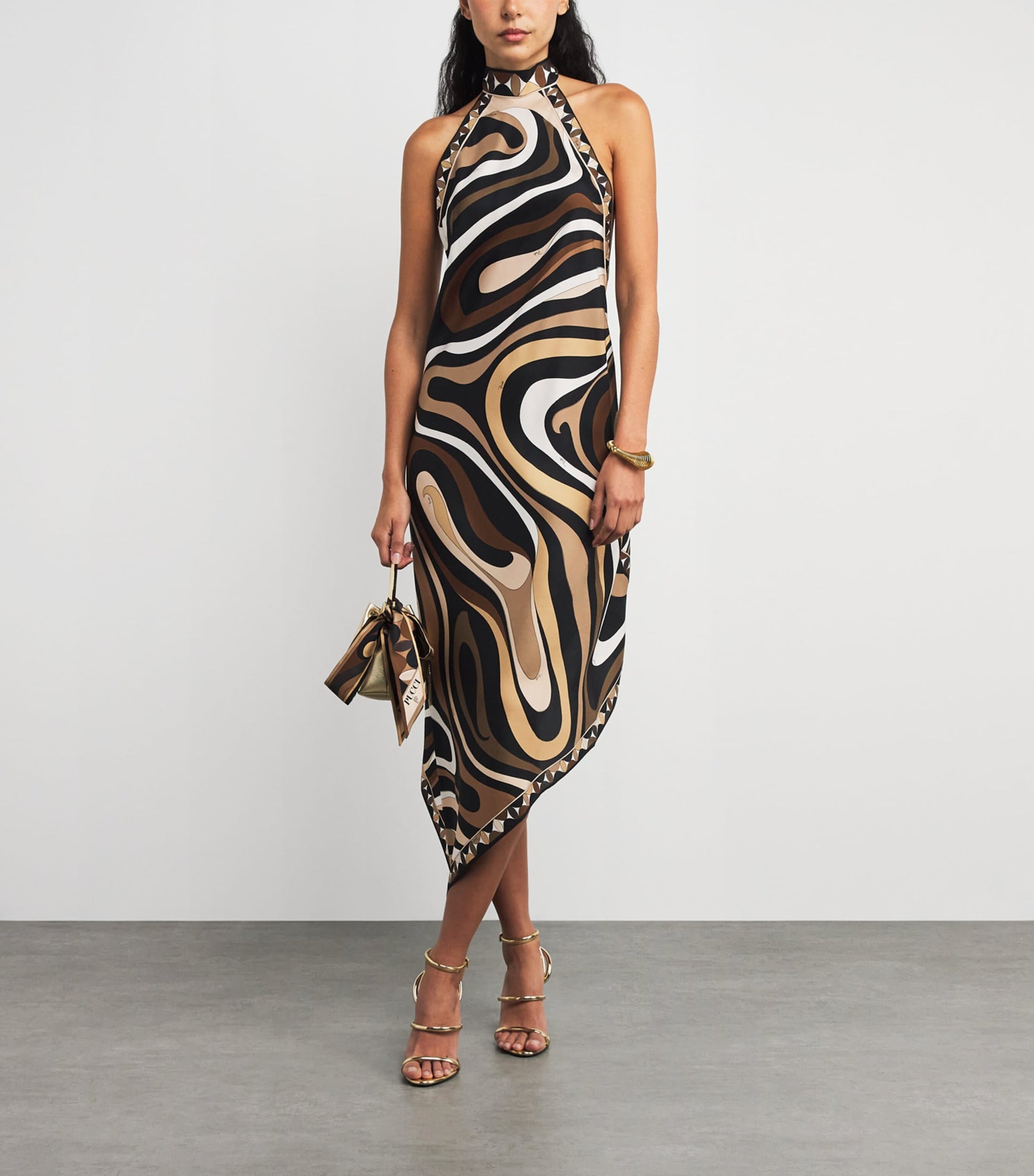 Multi Silk Marmo Print Halterneck Midi Dress