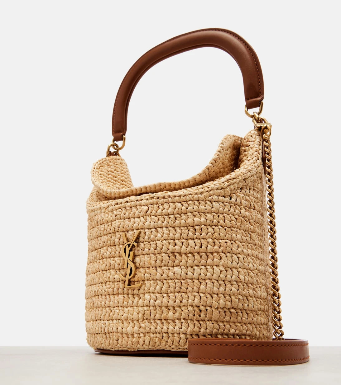 Saint Laurent - Gaby leather-trimmed raffia bucket bag