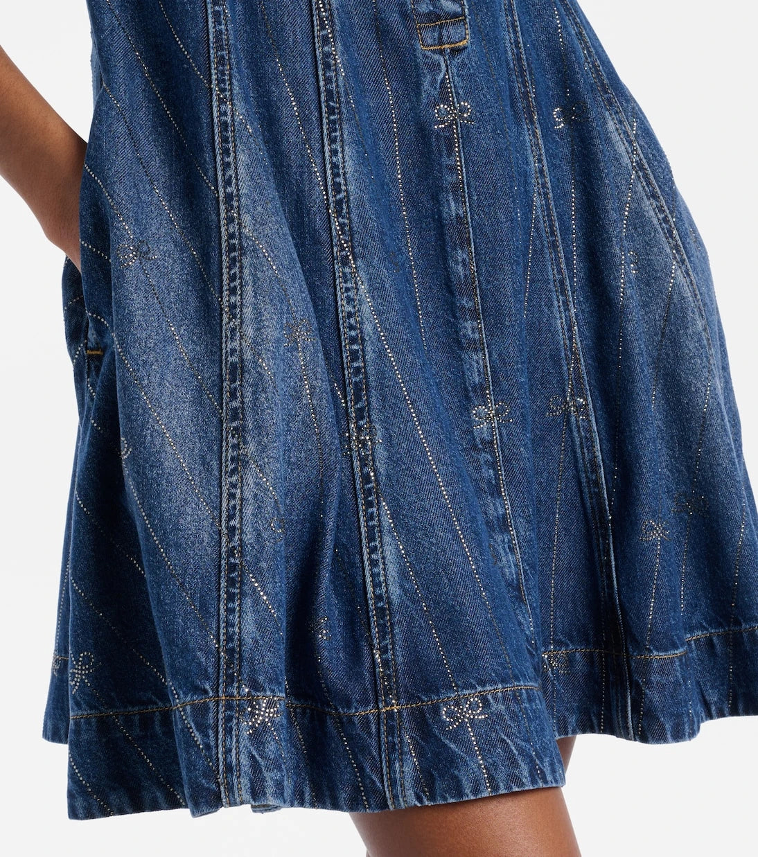 Self-Portrait - Embellished pleated denim minidress