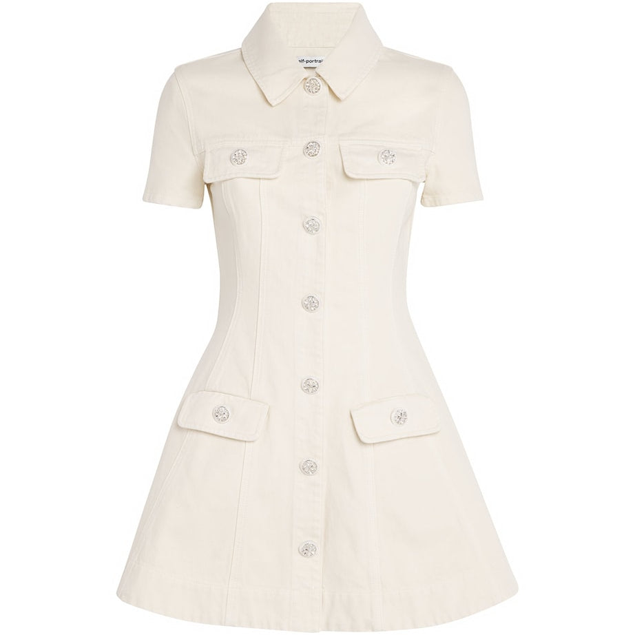 Self-Portrait Denim Crystal-Trim Mini Dress CREAM
