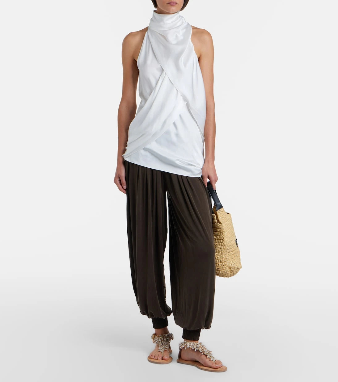 Balmain - Logo raffia-effect top-handle bag