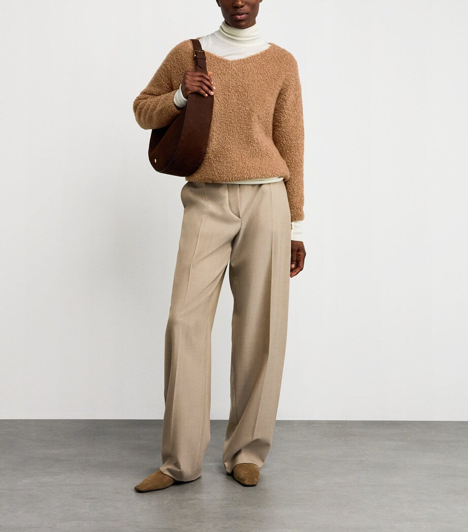 Beige Camel Wool-Silk Bouclé Oversized Sweater