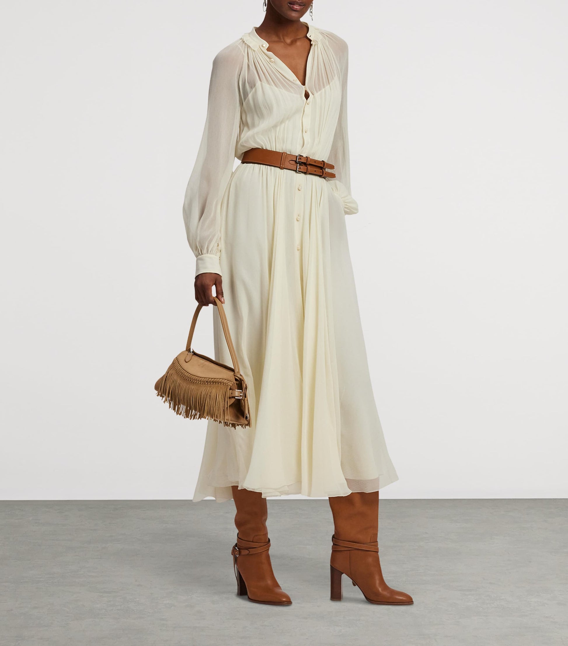 Ralph Lauren Collection Beige Mulberry Silk Grantly Midi Shirt Dress