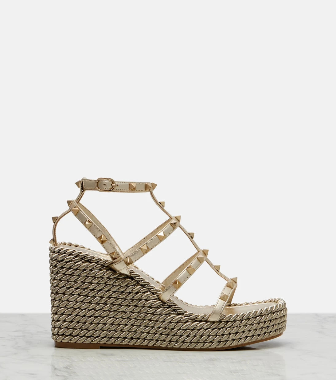 Valentino Garavani - Rockstud Torchon leather wedge espadrilles